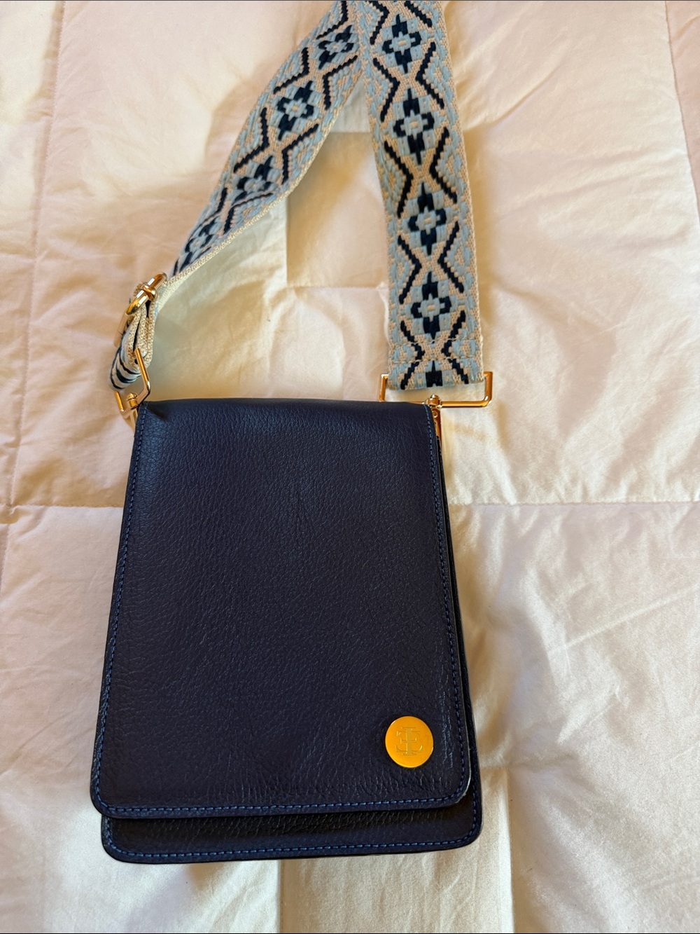 Navy Leather Crossbody Bag with Pattern Strap